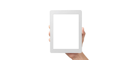 Hands holding tablet touch computer gadget with isolated screen