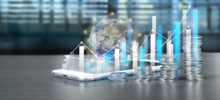 smartphone screen next to growing piles of coins and chart positive indicators in his business