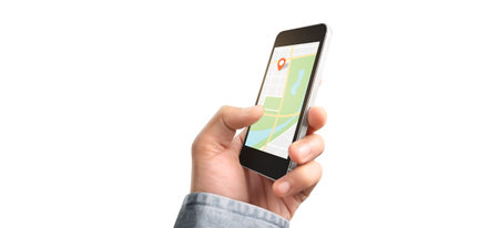 Hand holding smartphone device touching screen and Navigator gps map