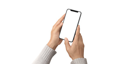 Hand holding smartphone device and touching screen