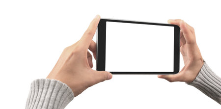 Hands holding  tablet touch computer gadget with isolated screen