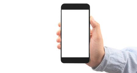 Hand holding smartphone device and touching screen