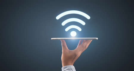 Smartphone placed on the hand like tray  network connection interfaceの写真素材