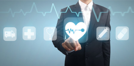 Hand double exposure of healthcare And Medicine concept. virtual screen interfaceの写真素材