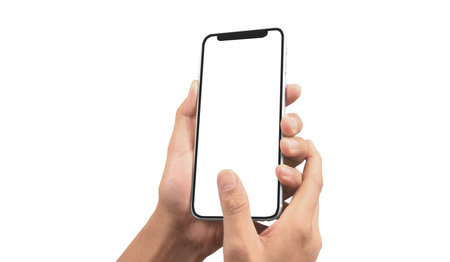 Hand holding smartphone device and touching screen