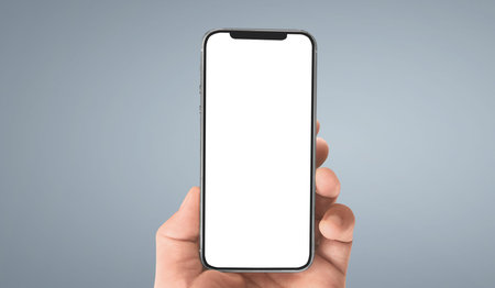 Hand holding smartphone device and touching screen