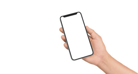 Hand holding smartphone device and touching screenの写真素材