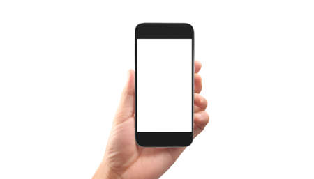 Hand holding smartphone device and touching screenの写真素材