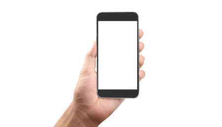 Hand holding smartphone device and touching screenの写真素材