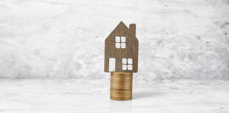Model of detached miniature house mock up on coins. property real estate investment conceptの写真素材