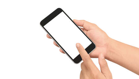 Hand holding smartphone device and touching screenの写真素材