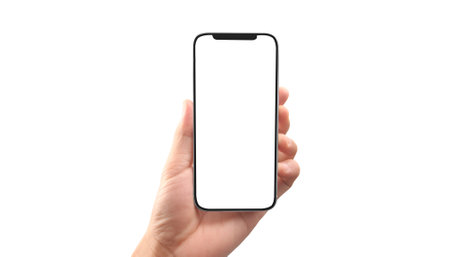 Hand holding smartphone device and touching screenの写真素材