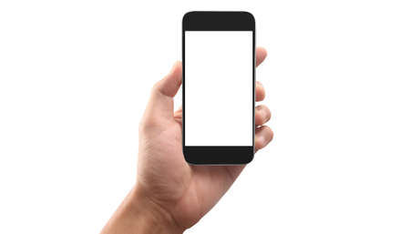 Hand holding smartphone device and touching screenの写真素材