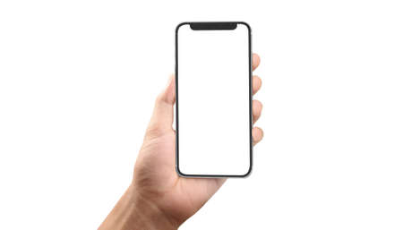 Hand holding smartphone device and touching screenの写真素材
