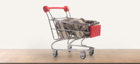 Toy shopping cart with coins and Consumer society trendの写真素材