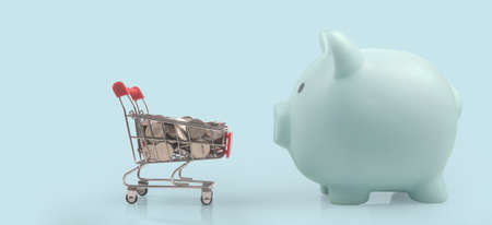 Toy shopping cart with coins and Piggy bank. Consumer society trendの写真素材