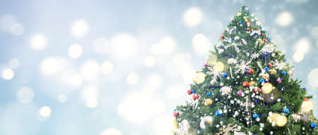 Decorated Christmas tree hanging on pine branches  and ornamentsの写真素材