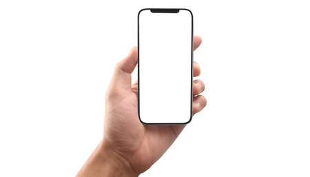 Hand holding smartphone device and touching screenの写真素材