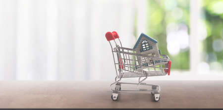 Toy shopping cart with Model of house and delivery concept. Consumer society trendの写真素材