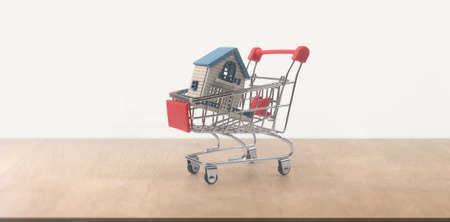 Toy shopping cart with Model of house and delivery concept. Consumer society trendの写真素材