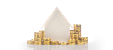 Model of detached miniature house mock and coins. property real estate investment conceptの写真素材