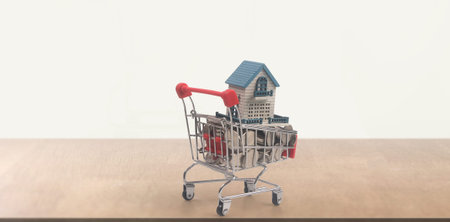 Toy shopping cart with Model of house on coins and delivery concept. Consumer society trendの写真素材