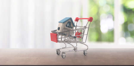 Toy shopping cart with Model of house and delivery concept. Consumer society trendの写真素材