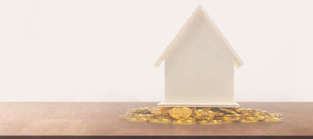 Model of detached miniature house mock and coins. property real estate investment conceptの写真素材