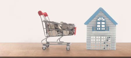 Toy shopping cart with Model of house on coins and delivery concept. Consumer society trendの写真素材