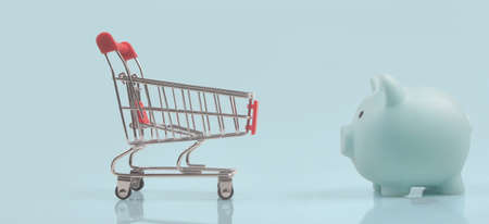 Toy shopping cart and Piggy bank. Consumer society trendの写真素材