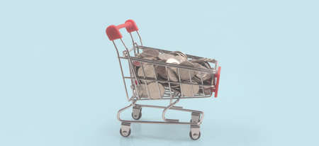 Toy shopping cart with coins and Consumer society trendの写真素材