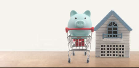 Toy shopping cart and Piggy bank. Consumer society trend and Model houseの写真素材