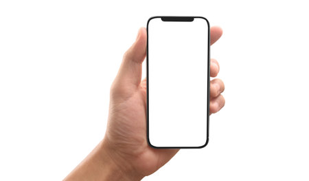 Hand holding smartphone device and touching screenの写真素材