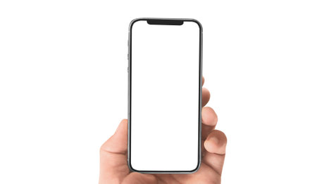 Hand holding smartphone device and touching screenの写真素材