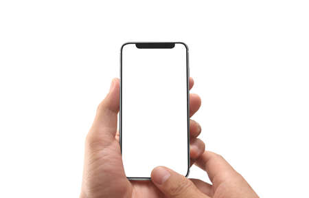 Hand holding smartphone device and touching screenの写真素材