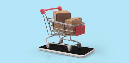 Toy shopping cart with coins and Consumer society trend on smartphoneの写真素材
