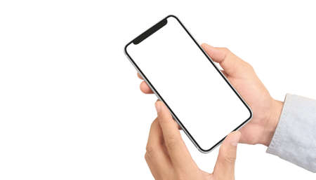 Hand holding smartphone device and touching screenの写真素材