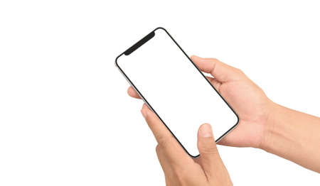 Hand holding smartphone device and touching screenの写真素材