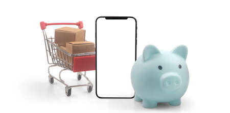 Toy shopping cart Consumer society trend on smartphoneの写真素材