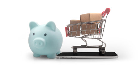 Toy shopping cart Consumer society trend on smartphoneの写真素材