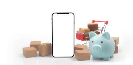 Toy shopping cart Consumer society trend on smartphoneの写真素材