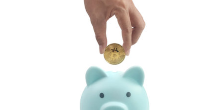 Bitcoin with financial investment in hand  concept and Piggy bankの写真素材