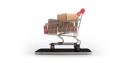 Toy shopping cart Consumer society trend on smartphoneの写真素材