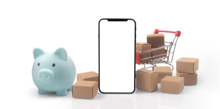 Toy shopping cart Consumer society trend on smartphoneの写真素材