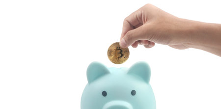 Bitcoin with financial investment in hand  concept and Piggy bankの写真素材