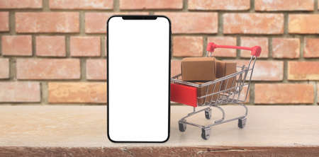 Toy shopping cart Consumer society trend on smartphoneの写真素材