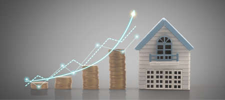 Model of detached miniature house mock up and coins. property real estate investment conceptの写真素材
