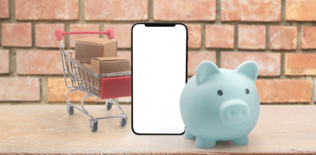 Toy shopping cart Consumer society trend on smartphoneの写真素材