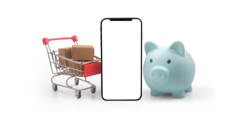 Toy shopping cart Consumer society trend on smartphoneの写真素材