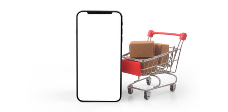 Toy shopping cart Consumer society trend on smartphoneの写真素材